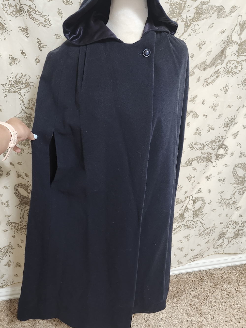 Vintage Whimsigoth Midnight Navy Wool Hooded Cape Cloak Satin Lining M L